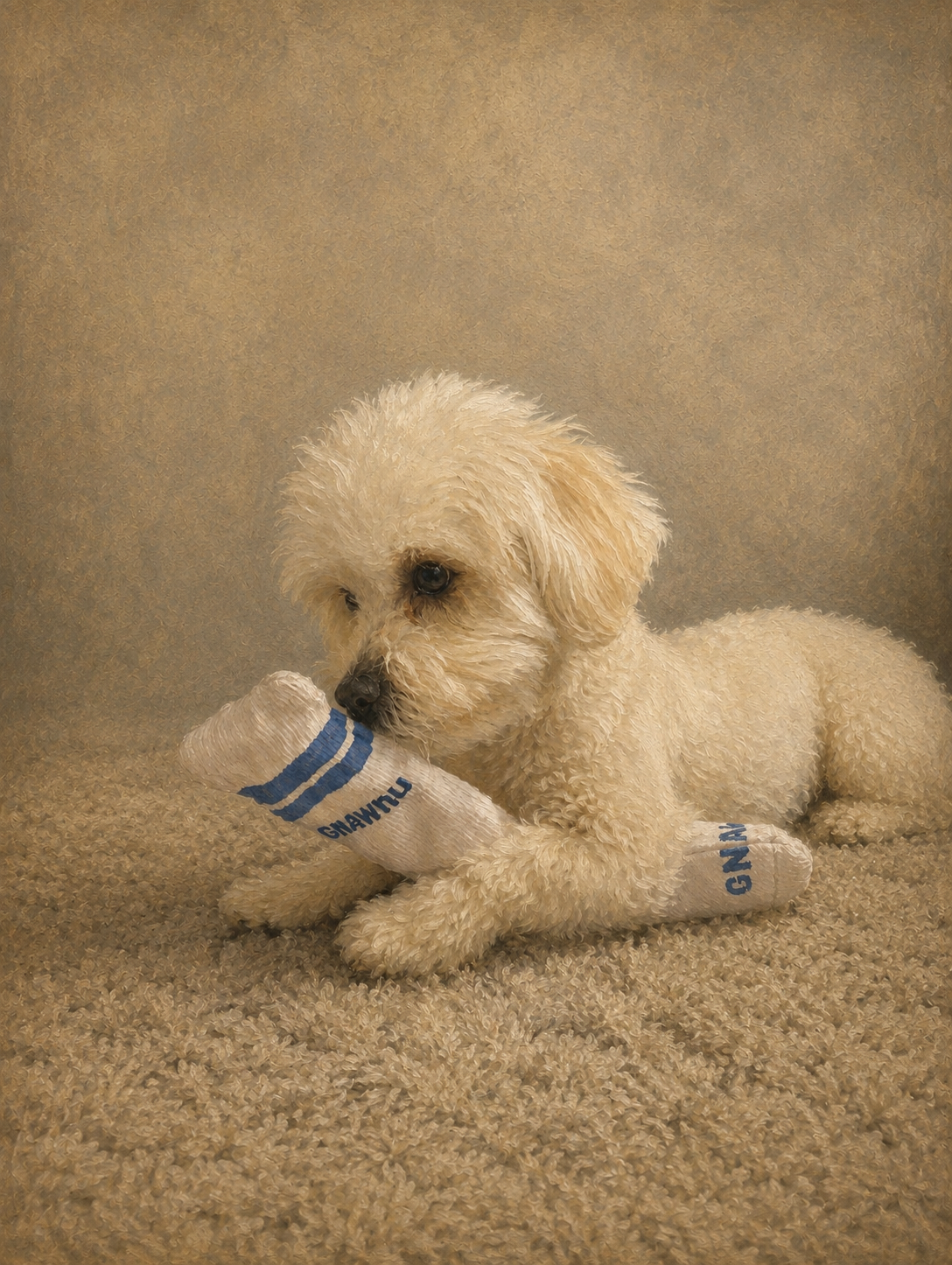 Nanu the dog with the Gnawnu Sock, a plush dog toy shaped like a real sock